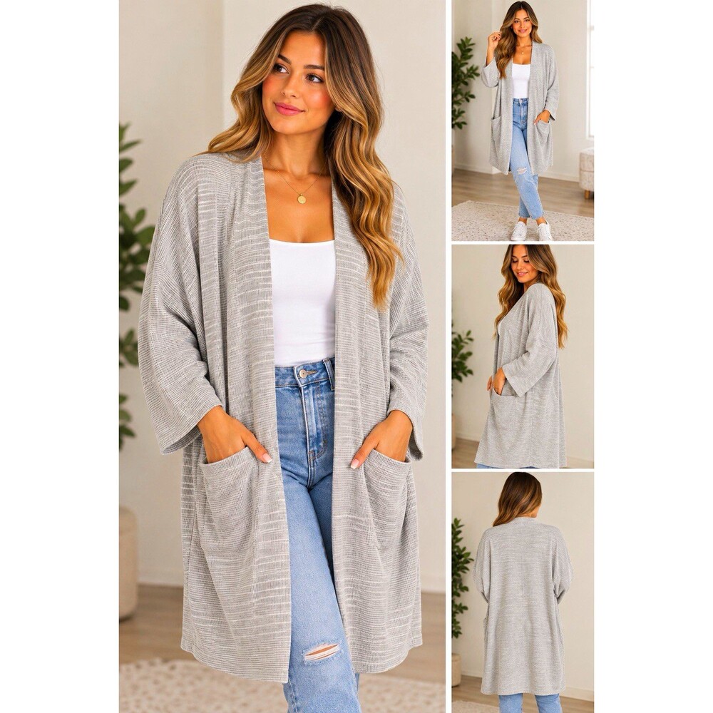 DONNI. Gray Striped Open Front Cardigan Duster with Pockets One Size New